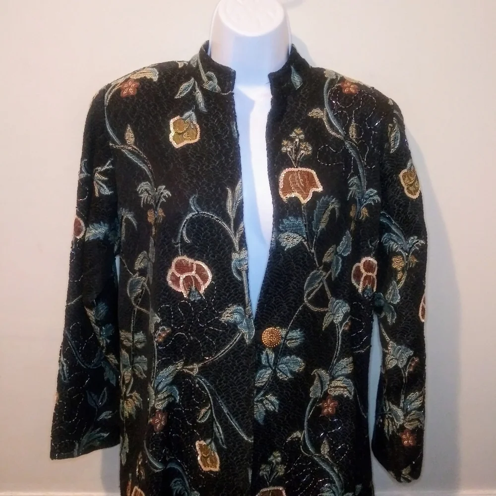 Indigo Moon Boho Beaded & Sequinned Black/Multi Long Floral Brocade Coat - Picture 2 of 12